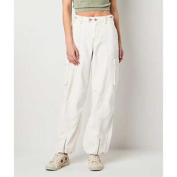 Forever 21 Cargo Junior Size Large Cinched Mid Rise Jogger Pants White NEW - Picture 2 of 11